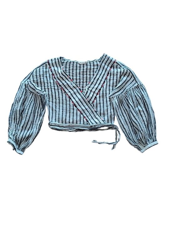 Altrd State Tops - Altrd State S Gray White Stripe Wrap Crop Top Half Sleeve Gauze